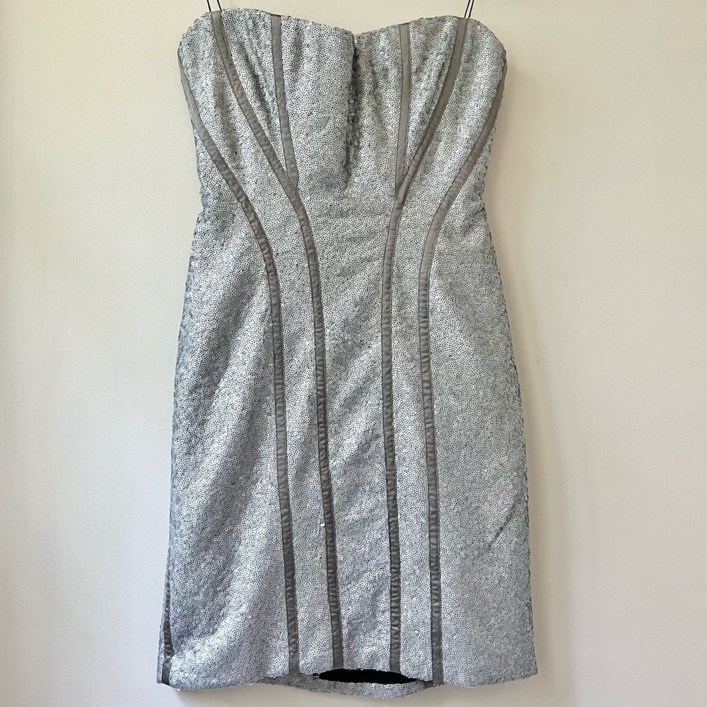 Peter Soronen Metallic Silver Sequin Corset Mini Strapless Dress Lace Up Back